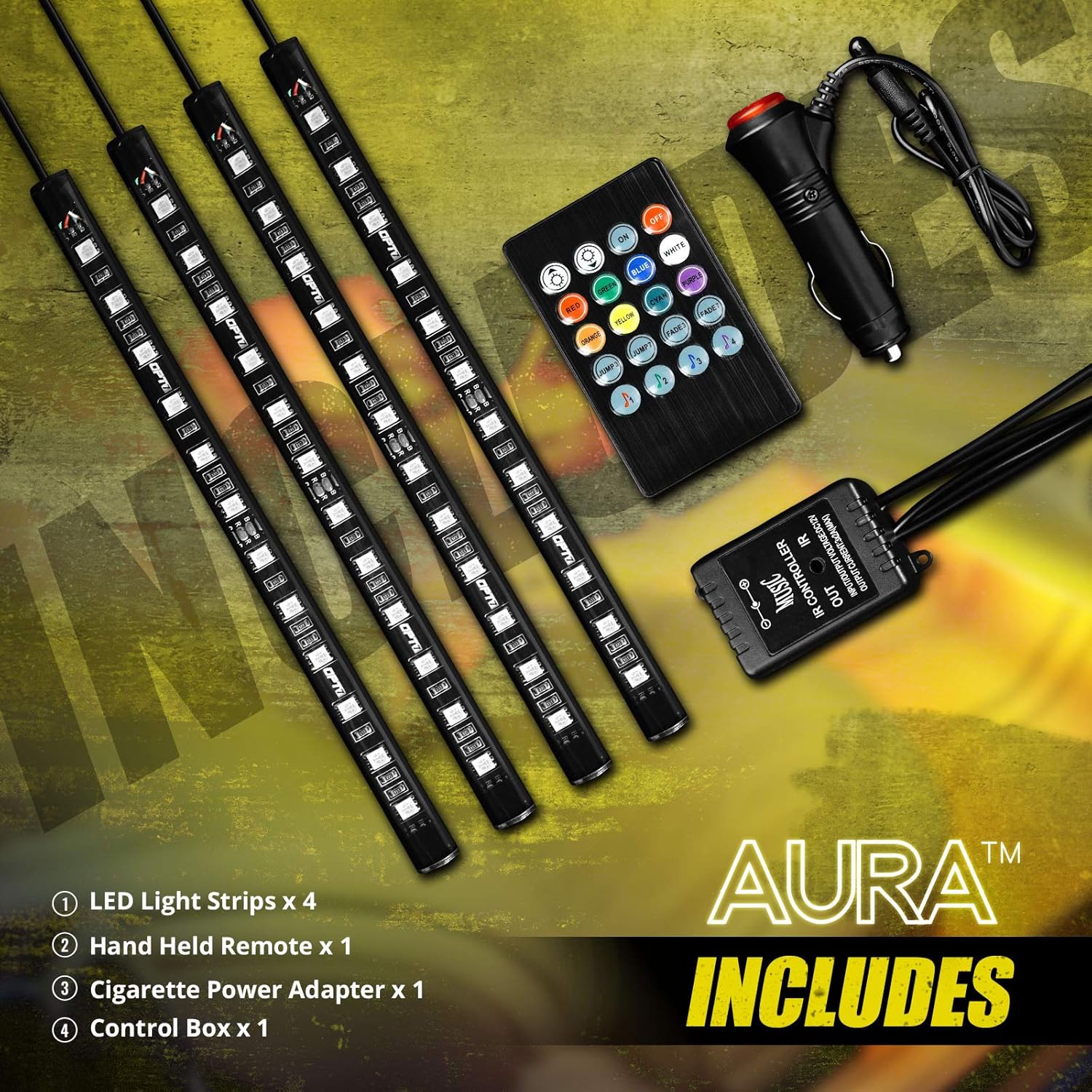 OPT7 Interior Car Lights LED Strip Kit, Aura Choice, 48 LEDs Multi-Color, Soundsync, Show Patterns, and Remote-Accent Underdash Footwell Floor, 4pc Single Row: Automotive