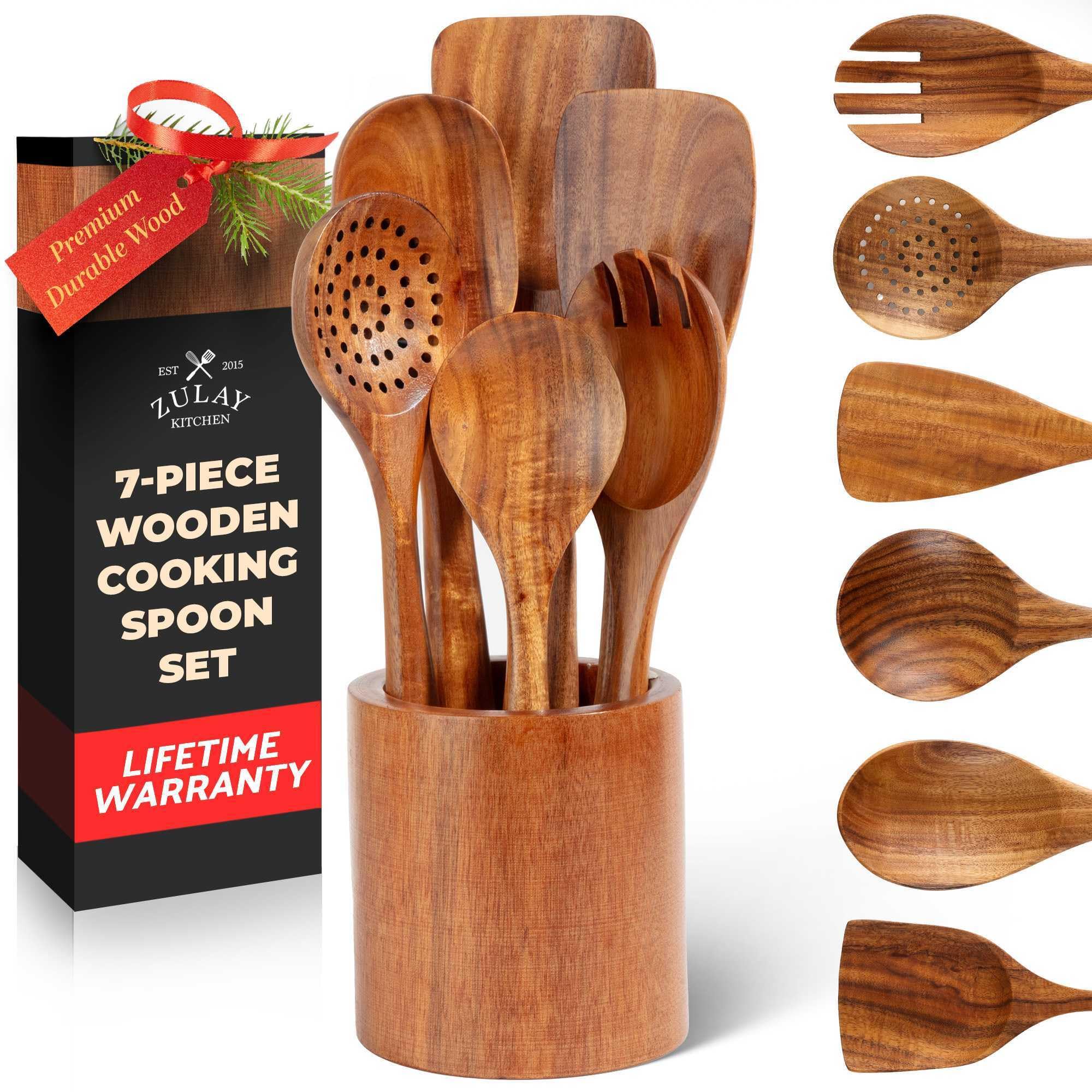 Zulay Kitchen 7-Piece Wooden Cooking Spoons Set – Heat-Resistant, Smooth Teak Utensils with Comfort Grip – Lightweight & Durable – Easy to Clean, Perfect for Non-Stick Cookware Image