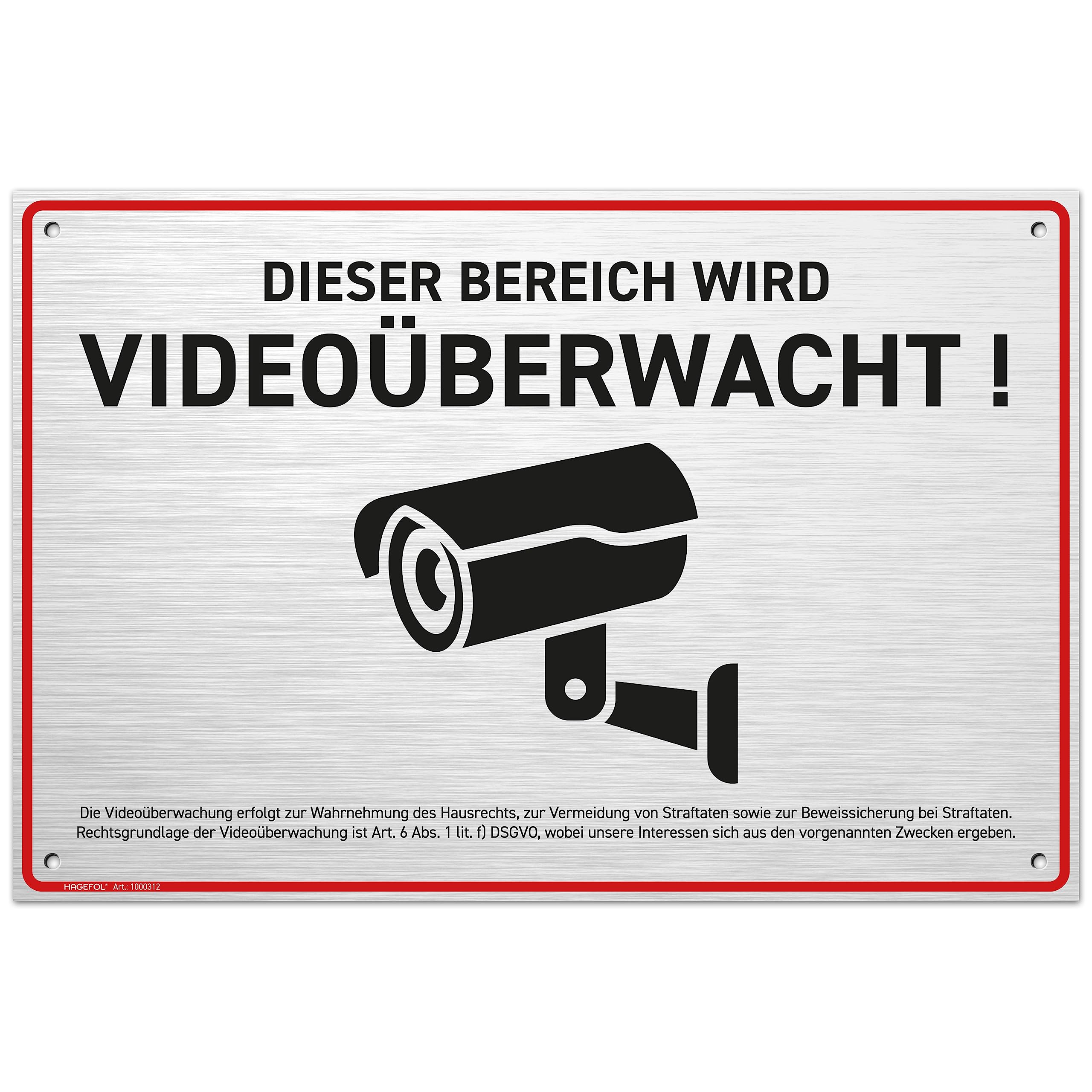 Sign video surveillance (30x20 cm - large) with GDPR notice, including 4 drill holes, camera warning for surveillance camera or dummy camera (brushed aluminum 30x20 cm)