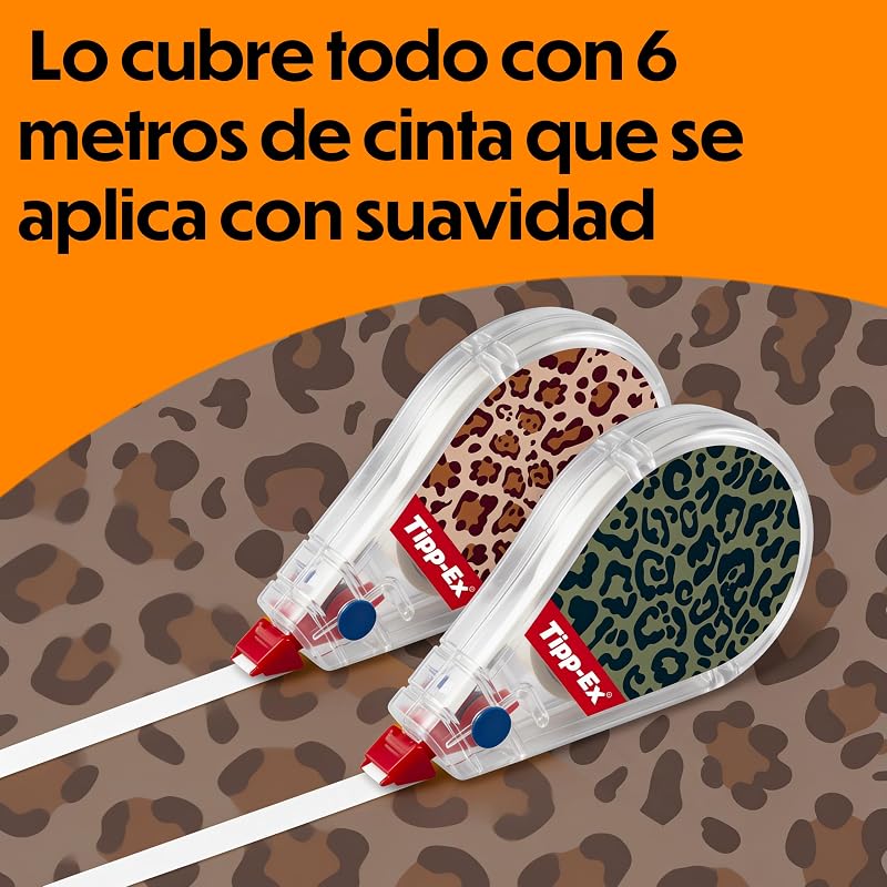 Colección Leopardo de BIC y Tipp-Ex – 8 unidades: bolígrafos de punta media (1,0 mm), subrayador de punta biselada y cintas correctoras (6 m x 5 mm) con diseños aleatorios.