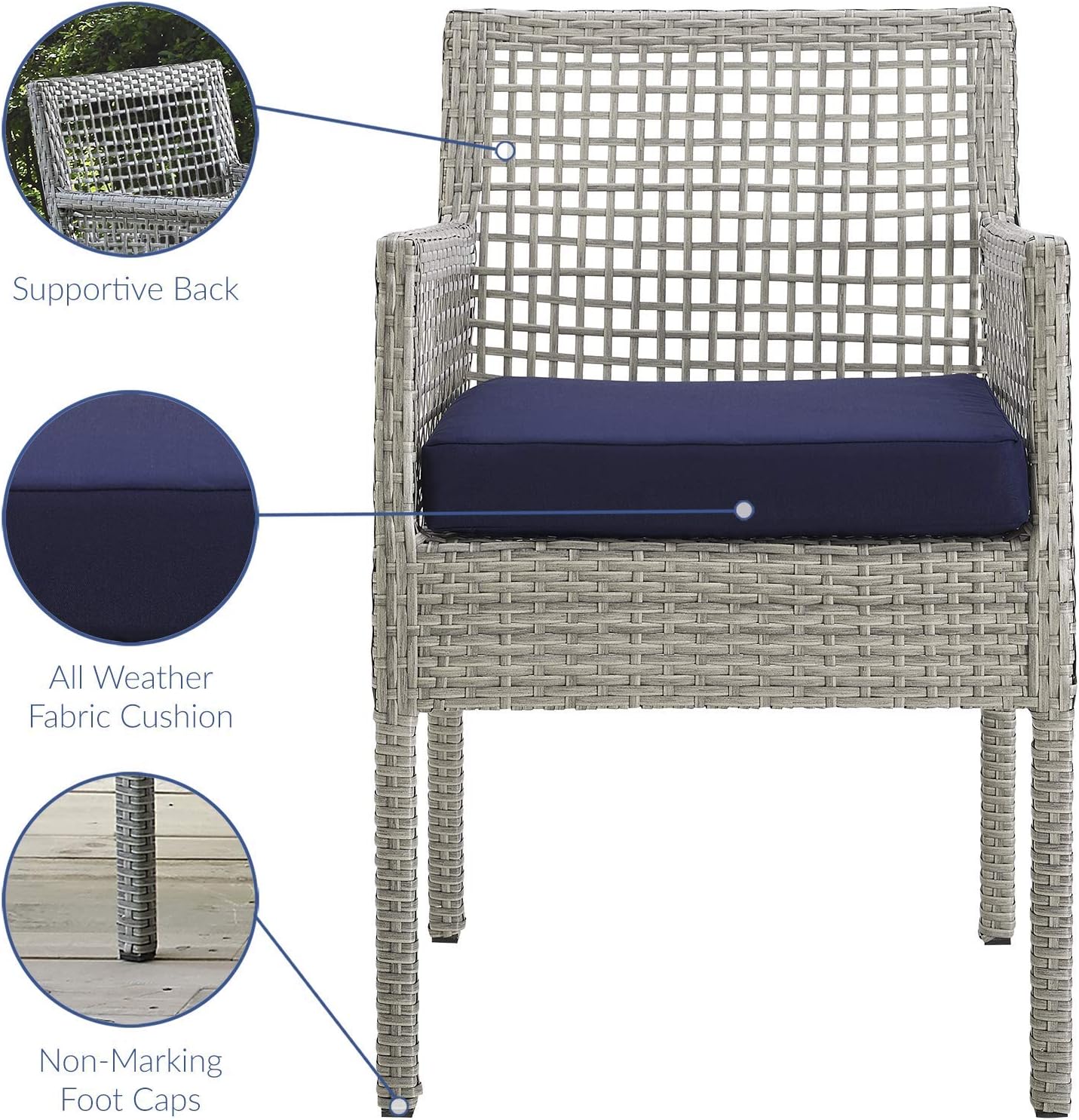 Modway Aura Wicker Rattan Outdoor Patio Dining Arm Chair with Cushion in Gray Navy : Garden & Outdoor