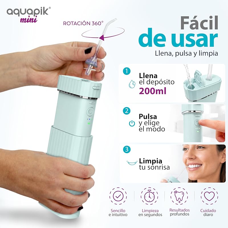 Irrigador dental portátil Aquapik Mini 140 ml | Water flosser recargable USB tipo C | 3 modos presión | limpieza profunda | Ideal para Encías sensibles, ortodoncia e implantes dentales (Azul)