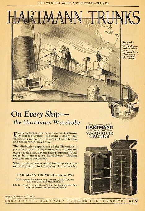 1926 Ad Hartmann Wardrobe Trunks Luggage Racine Travel Original