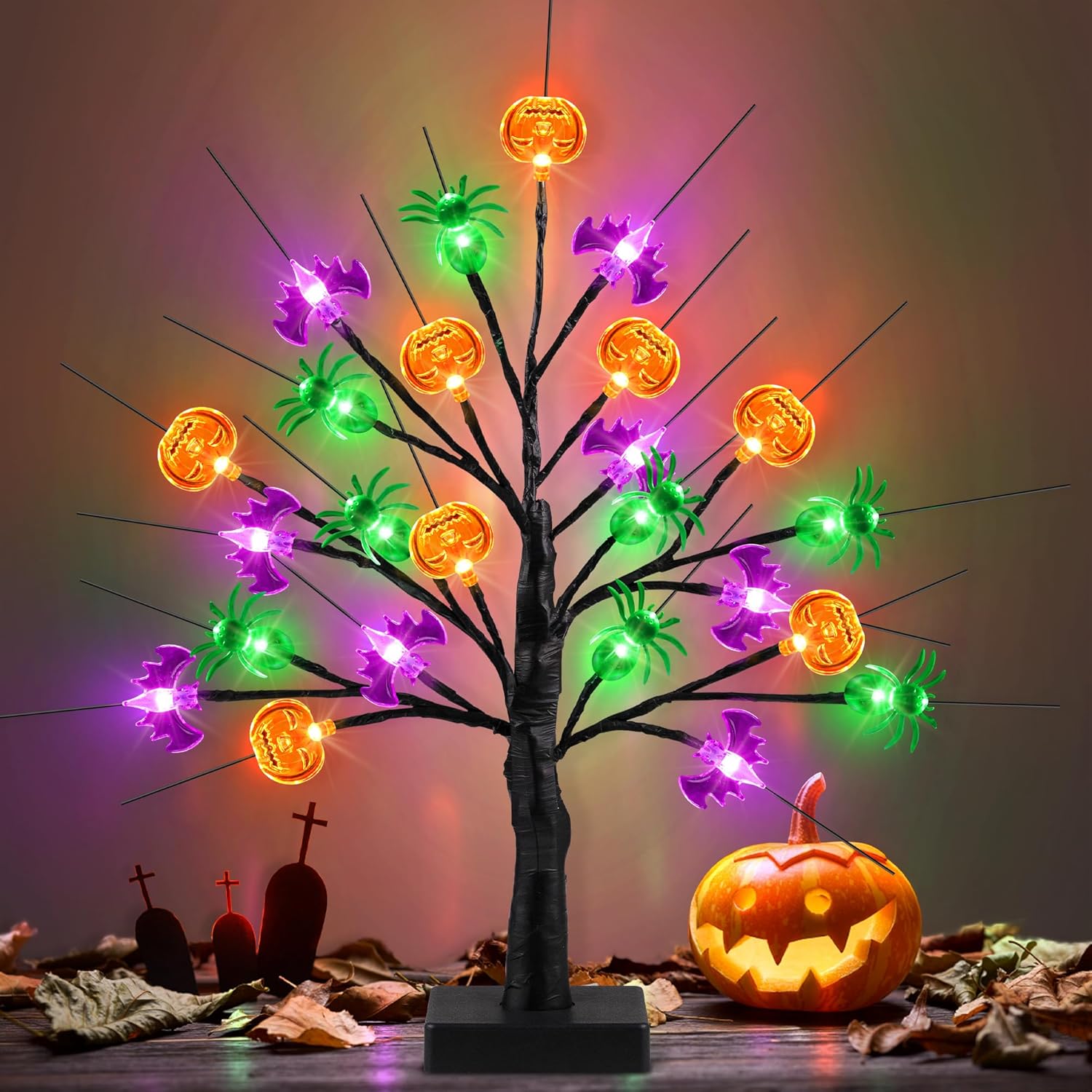 Trees - [Timer] Halloween Decor 18 Inch Black Halloween Tree with 24 LED Pumpkin Bat Spider Light, USB/Battery Operated Lighted Birch Tree Spooky Halloween Table Decorations Indoor Outdoor for Home Room Party