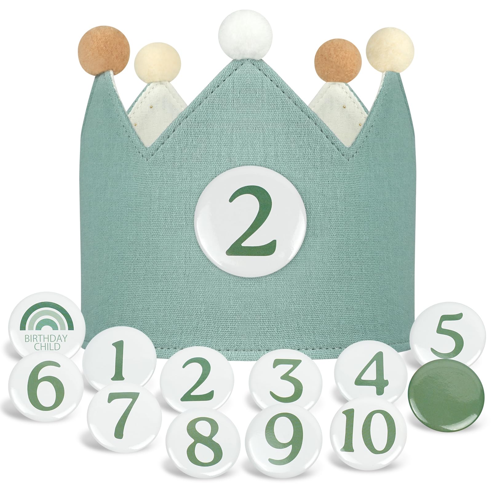 Alaoo Fabric Bunting Banner, Birthday Crown for Kids, Double-Sided Two-Color Birthday Felt Hat Crown with Interchangeable Number from 1 to 10(Green)