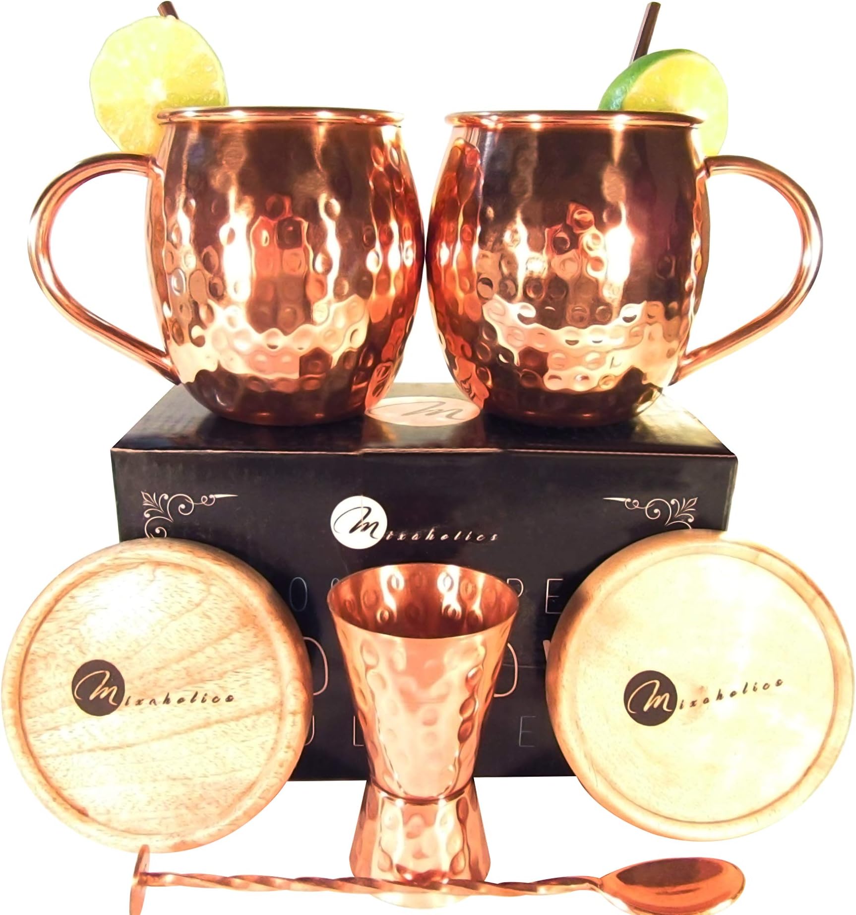 8 Piece Moscow Mule Set 100 Percent Copper Includes 2 16 fl oz Mugs, 2 Straws, 2 Coasters, Jigger, Stirrer for Cocktails Drink Making Mixing Bartending