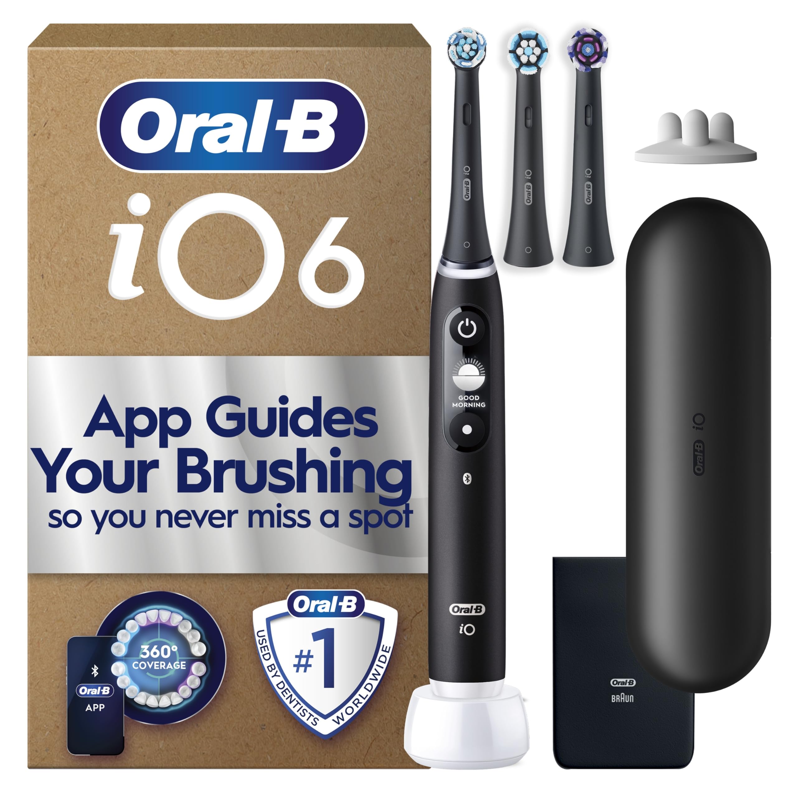 Oral-B iO6 Electric Toothbrush for Adults, Black, 5 Cleaning Modes with Teeth Whitening, Includes 3 Brush Heads, Long-Lasting Battery with Travel Case for Home and Travel, 2 Pin Plug