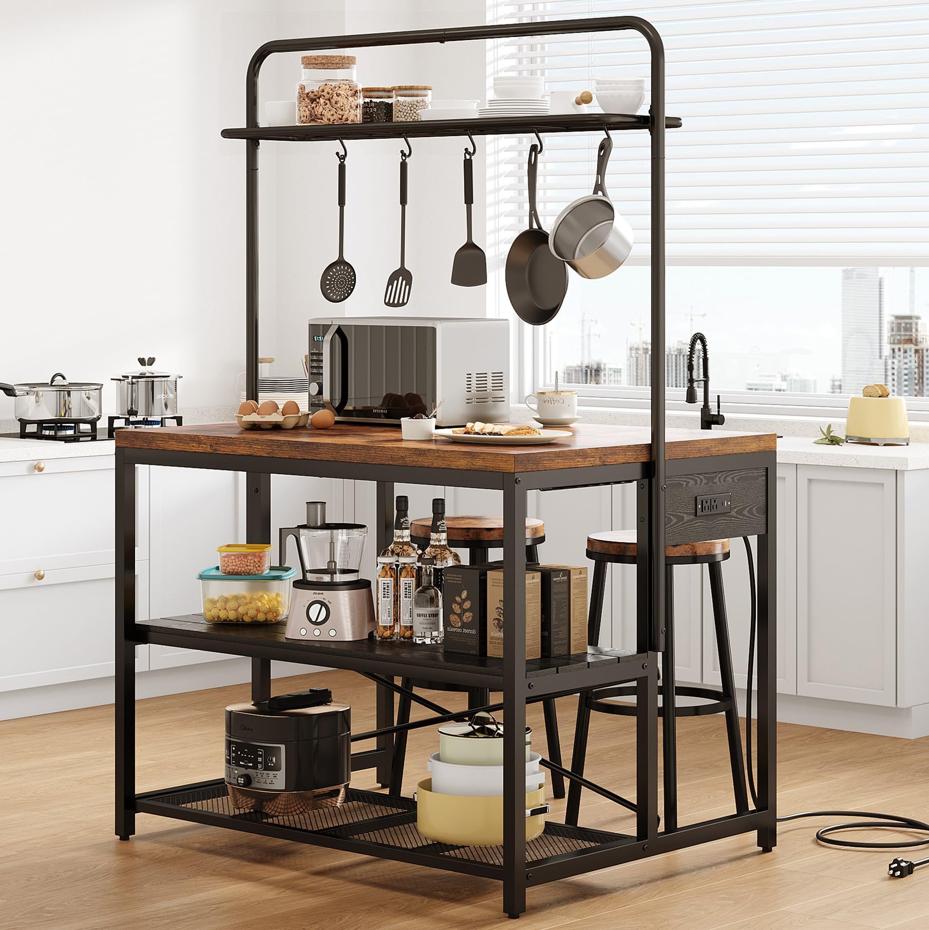 Photo 1 of *** UNKNOWN MISSING PARTS**46" Large Kitchen Island Table Baker Rack with Power Outlet and 3-Tier Storage-Microwave Stand Oven Shelf, Metal Coffee Bar Table,Kitchen Storage Shelf for Dining Living Room, 5 Hooks,Vintage