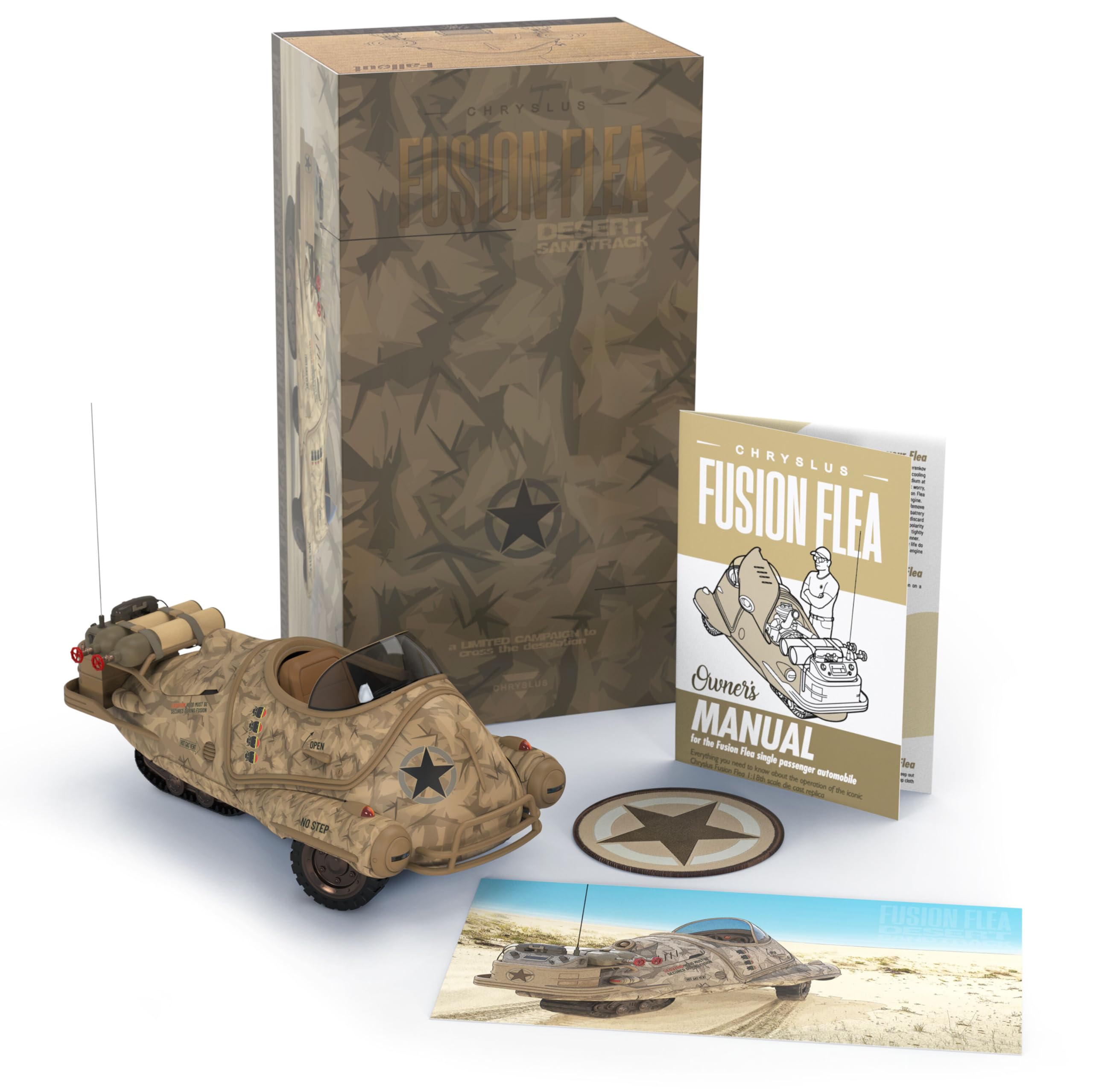 The Wand Company Fallout Flea Premium Die-Cast Replica vehicles with rear caterpillar track, steerable front skids and open-top canopy (Desert Sandtrack)