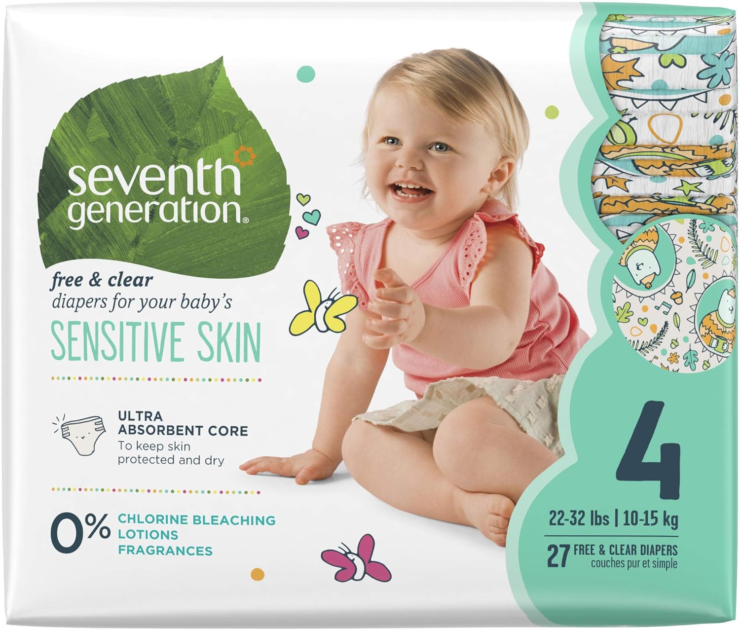 Seventh Generation Baby Diapers for Sensitive Skin, Animal Prints, Size 4, 27 count