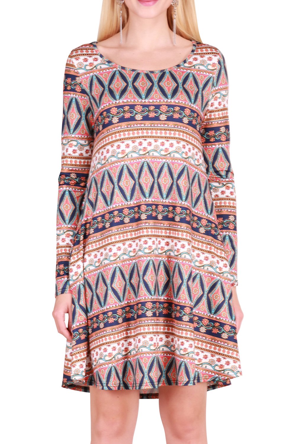 DawnRaid Womens Long Sleeve Midi Dress with Pockets Swing Midi Sweater Dresses Floral M