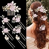 7 PCS Bridal Flower Wedding Hair Clips Crystal Pearl Hair Pins Headpiece Side Bridal Comb Gold Wedding Hair Accessories Jewelry for Brides Bridesmaids Women Girls Updo(Purple)