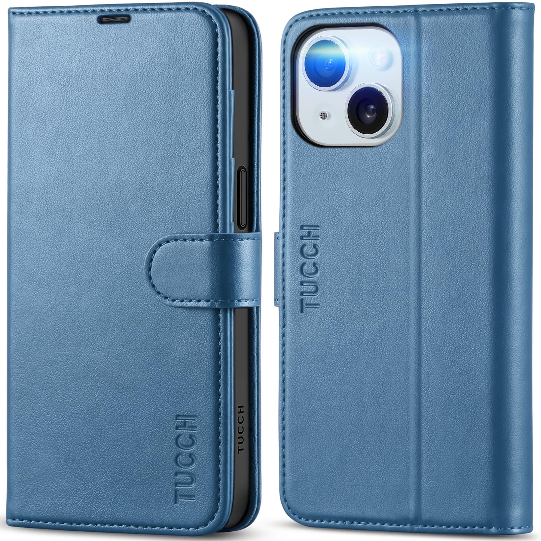 TUCCH Wallet Case for iPhone 15 (6.1") 2023, Magnetic Protective PU Leather Flip Folio Cover with [RFID Blocking][Credit Card Holders]Viewing Stand[Shockproof TPU]Compatible with iPhone 15, Lake Blue — image 1