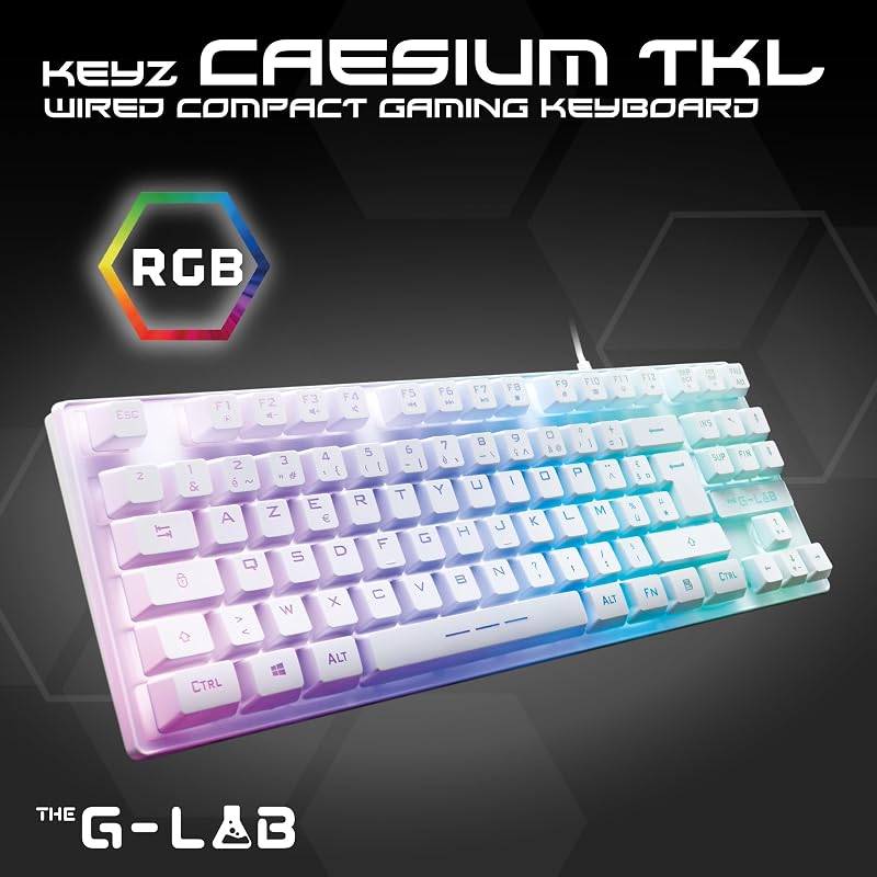 - Keyz Caesium TKL - Teclado gamer com fio USB, 87 teclas QWERTY, multicolor com retroiluminação LED - Jogos, compacto sem teclado numérico para PC/PS4/PS5/XBOX - Branco