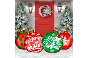 Jetec 4 Pcs Giant Inflatable Christmas Ball Large Xmas Inflatable Ornaments PVC Outdoor Holiday Blow Ball Outside Yard Lawn Porch Decorations (Cute,Mixed Red Green)