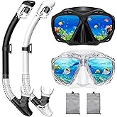 Snorkeling Gear for Adults, Dry Top Snorkel Mask Set, Diving Scuba Mask, Swimming Goggles with Nose Cover, HD Tempered Glass Panoramic Swim Freediving Anti-Leak Anti-Fog Travel Packages