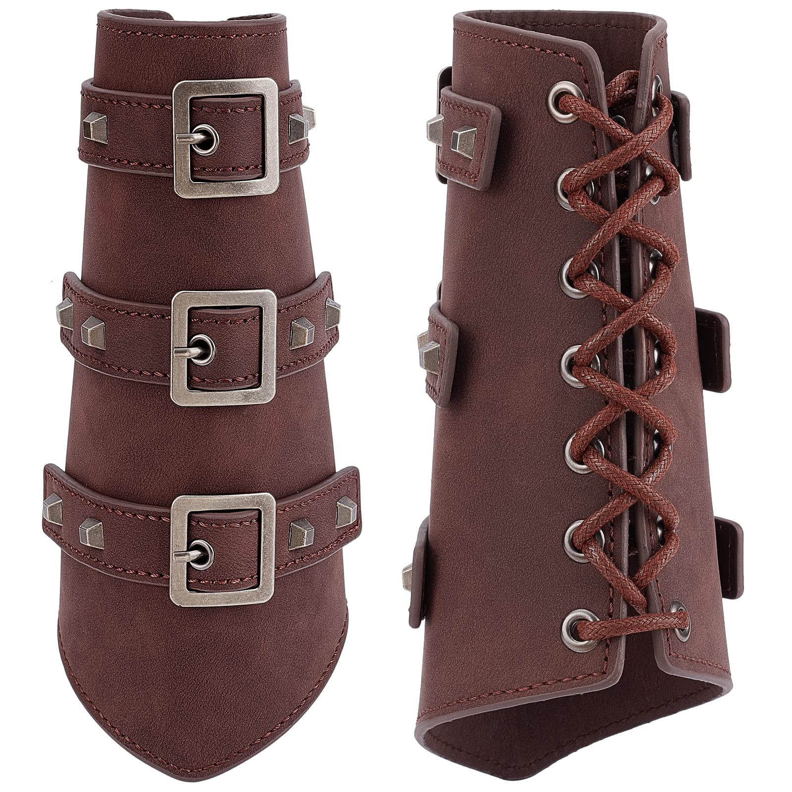 GORGECRAFT 2PCS Buckle Arm Bracers Retro Renaissance Leather Bracer Gauntlet Wristband Rivet Design Unisex Leather Cuffs Armband(Saddle Brown)