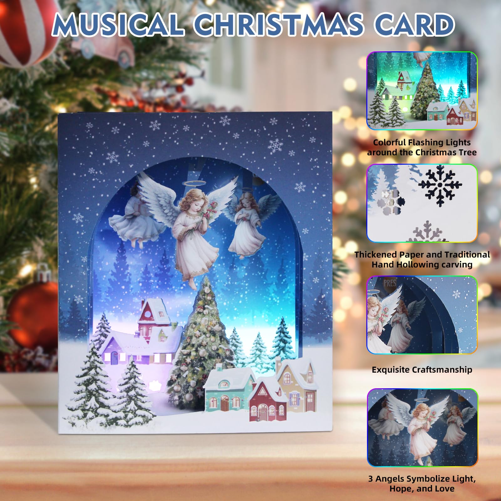 Yinghezu 3D Pop Up Christmas Cards with Lights & Music with Envelopes, Animated Christmas Gift Cards for Mom Women Men Kids Child Dad Father Wife Husband Boys Girls