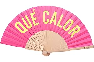 Fisura – Original pink folding fan with message qué calor, wooden handheld fan for women, ideal for rave, party, wedding, birthday, gift or summer decoration