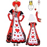 Tellingyou 8 Pcs Halloween Queen Costume Set Red Women's Dress Heart Crown Cane Wig Queen Cosplay Accessories for Women