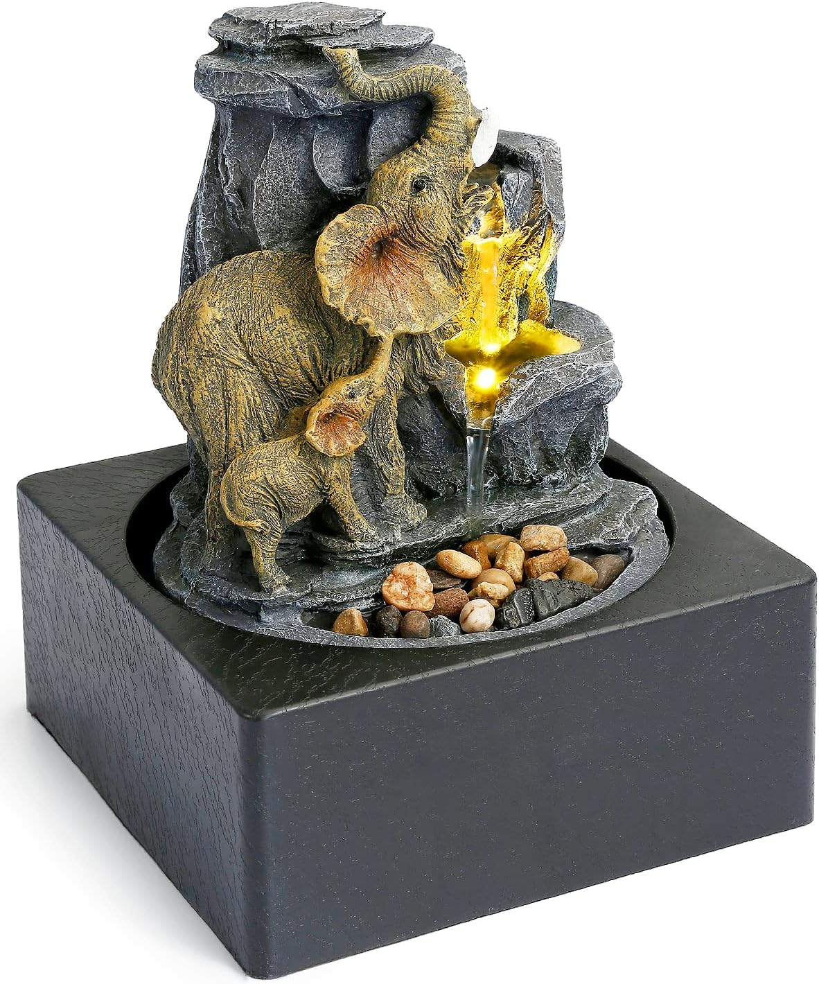 Indoor Fountains & Accessories - Tabletop Fountain, WICHEMI Indoor Waterfall Fountain of Elephant Sculpture, Water Fountain Feng Shui with LED Warm Light for Home Office Desktop Decor