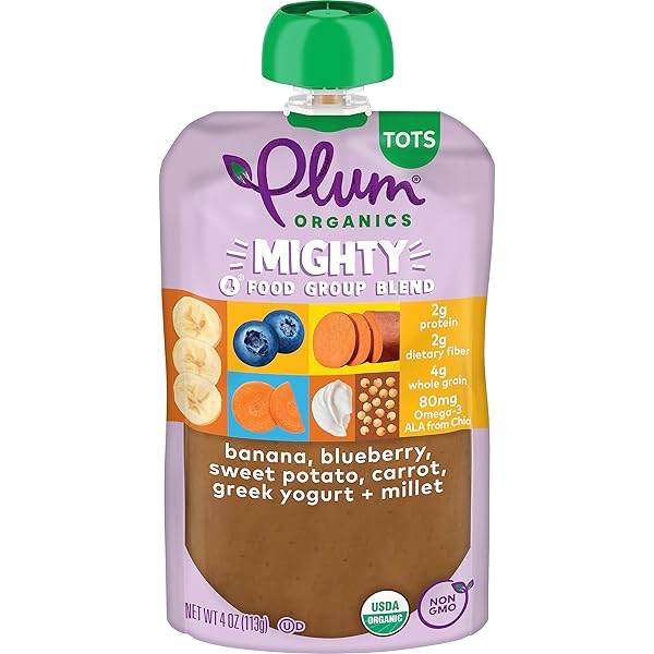 PLUM ORGANICS MIGHTY 4 ORGANIC TODDLER FOOD – BANANA, BLUEBERRY, SWEET POTATO, CARROT, GREEK YOGURT, AND MILLET – 4 OZ POUCH – ORGANIC FRUIT AND VEGETABLE TODDLER FOOD POUCH