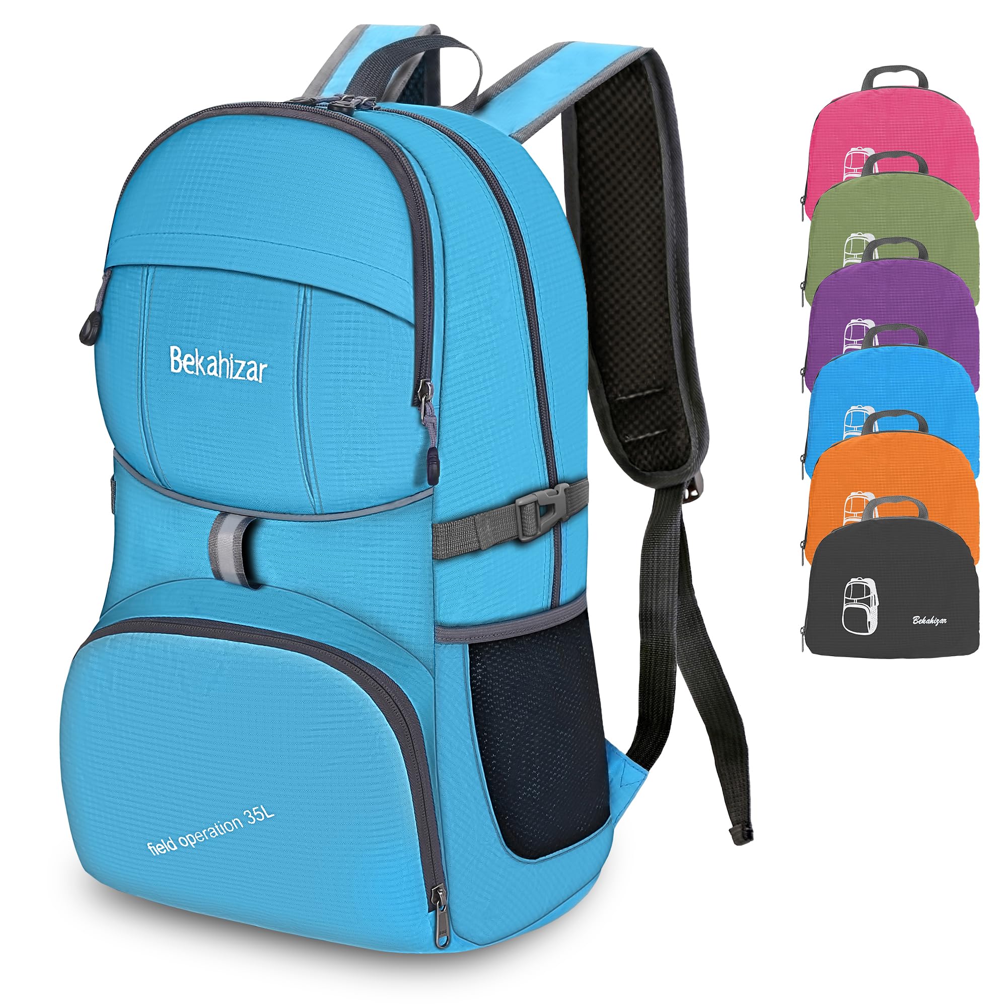 Bekahizar Lightweight Foldable Backpack 35L Hiking Rucksack Daypack Packable Travel Day Bag for Men Women Teens Outdoor Sports Walking Camping Travelling Cycling (Blue)