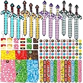 MinFyberd 60pcs Pixel Party Favor Colorful Video Game Paper Gift Bags Inflatable Sword Slap Bracelets Key Chains Stickers Pixel Mining Birthday Party Supplies Activities Parties Kit