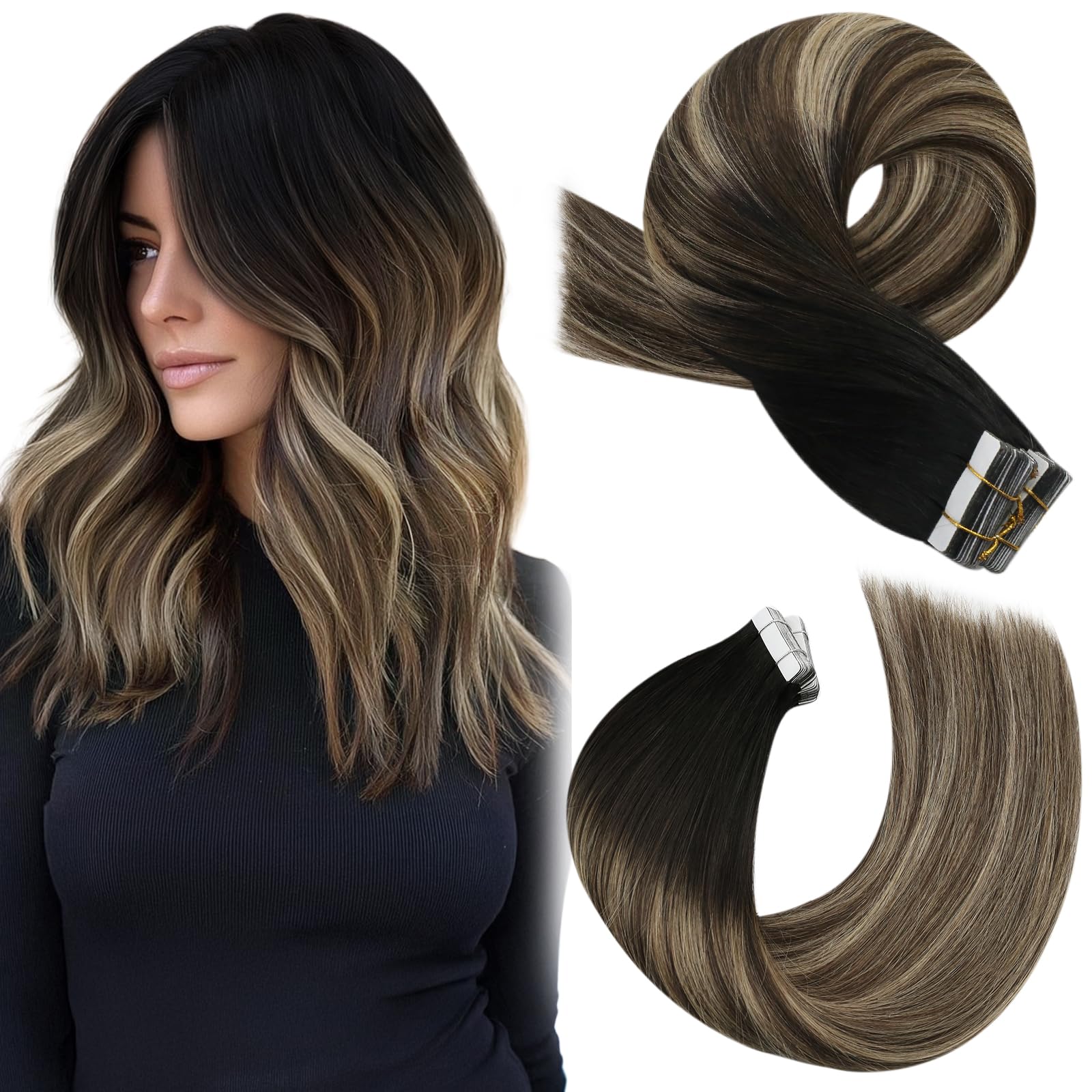 Moreooo Tape in Hair Extensions Human Hair Balayage Natural Black Ombre Dark Brown with Caramel Blonde Human Hair Tape in Extensions Real Remy Hair 14 inch 20 Pieces/50G #1B/3/27 — image 1
