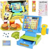 SPONGEBOB SQUAREPANTS Pretend Play Cash Register Toy with Sounds and Lights for Kids Krusty Krab Play Scanner and Fake Food for Boys Girls Toddlers