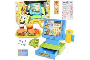 SPONGEBOB SQUAREPANTS Pretend Play Cash Register Toy with Sounds and Lights for Kids Krusty Krab Play Scanner and Fake Food for Boys Girls Toddlers