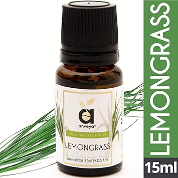 Anveya Lemongrass Essential Oil, 100% Natural & Pure, 15ml, for Hair, Skin, Acne, Bug-repellent & Refreshing Aroma
