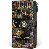 GIANCOMICS Black Cat Book Shelf Womens Wallet RFID Blocking, Witchy Credit Card Holder Bifold, PU Leather Travel Billfold, Long Cute Cash Purse, Zipper Coin Pocket Clutch, Card Slot, Ladies Gift Woman