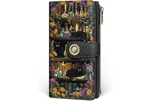 GIANCOMICS Black Cat Book Shelf Womens Wallet RFID Blocking, Witchy Credit Card Holder Bifold, PU Leather Travel Billfold, Long Cute Cash Purse, Zipper Coin Pocket Clutch, Card Slot, Ladies Gift Woman