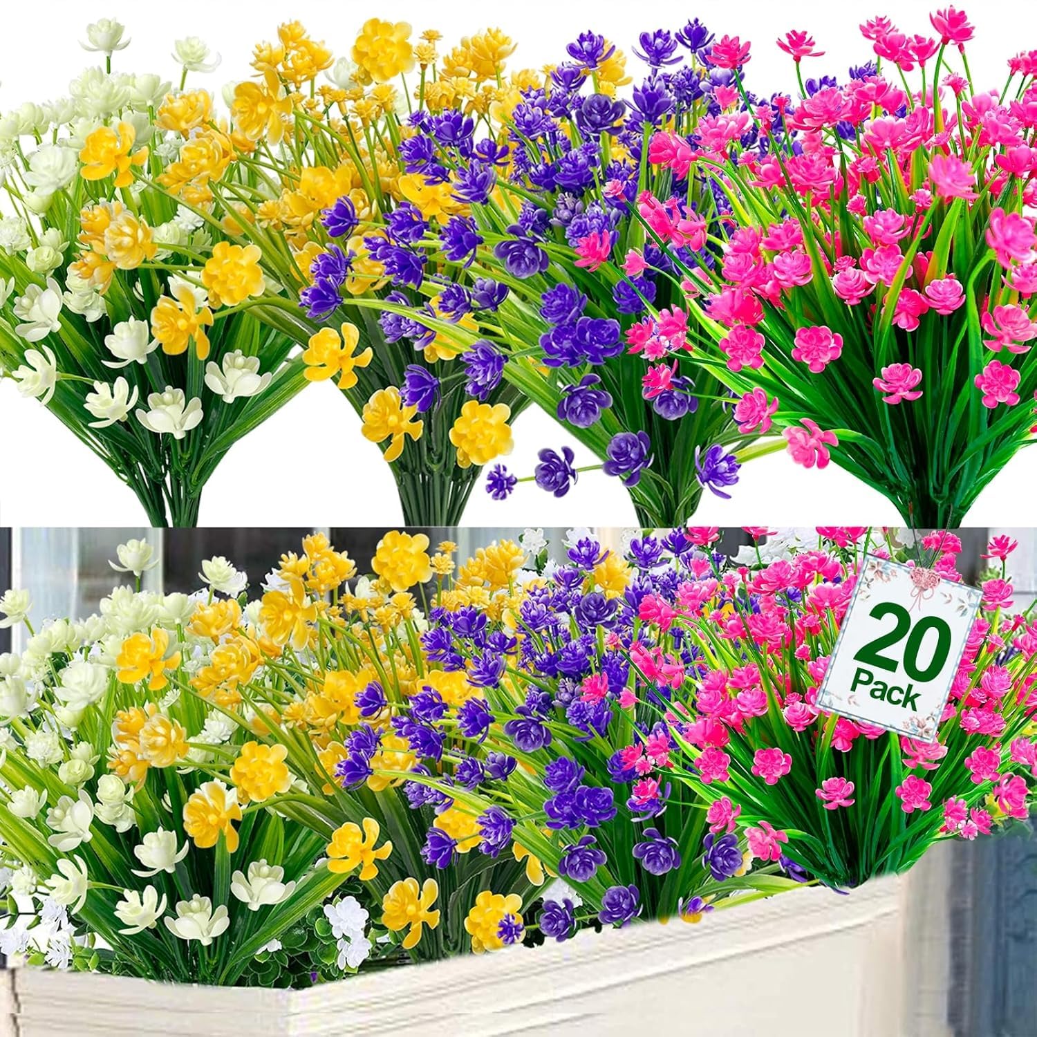 Photo 1 of TURNMEON 20 Bundles Artificial Flowers for Outdoors Fake Plants Summer Decor, UV Resistant Artificial Plants Cemetery Fake Flowers Faux Plastic Greenery Shrubs for Home Porch Decor 580 Heads
