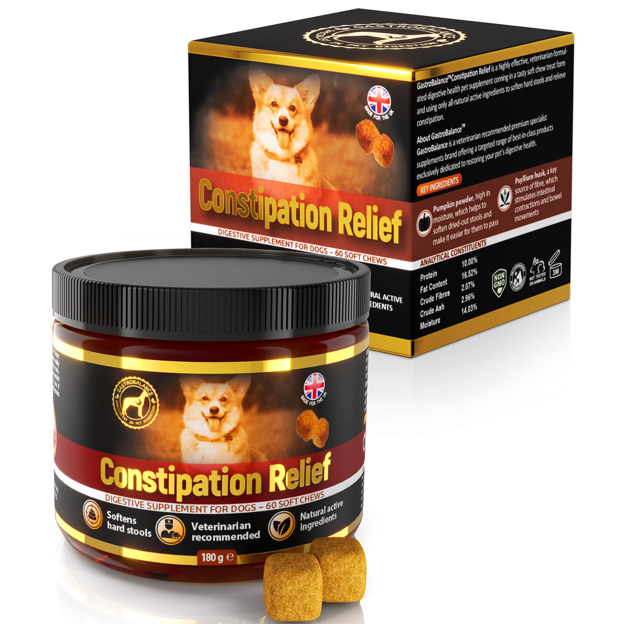 GastroBalance dog constipation treatment – 60 dog constipation relief laxative soft chews – Natural dog stool softener (Bacon flavour)