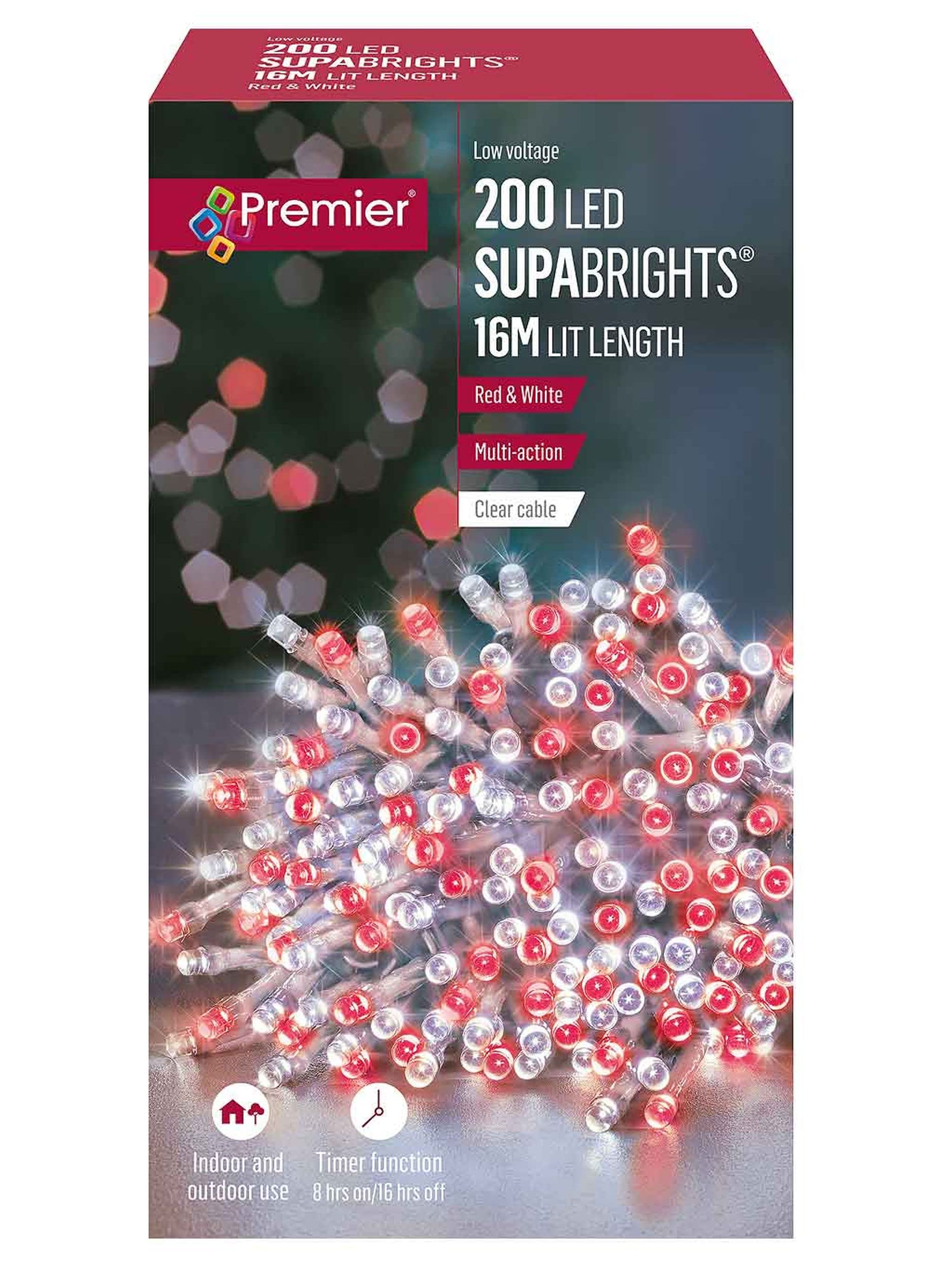 Premier Multi Action 200 Supabrights LED Christmas Lights 20M Lit - Red & White
