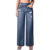 roswear Stretchy Loose Jeans for Women Wide Leg High Waisted Baggy Denim Distressed Pants