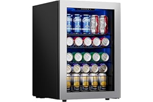 Ca'Lefort Beverage Refrigerator, 80 Can Mini Fridge with Glass Door for Beer Soda Wine 38-68°F, Freestanding Under Counter Beverage Cooler for Bedroom/Office/Bar, 3 Adjustable Shelves, 2.19 Cu.Ft