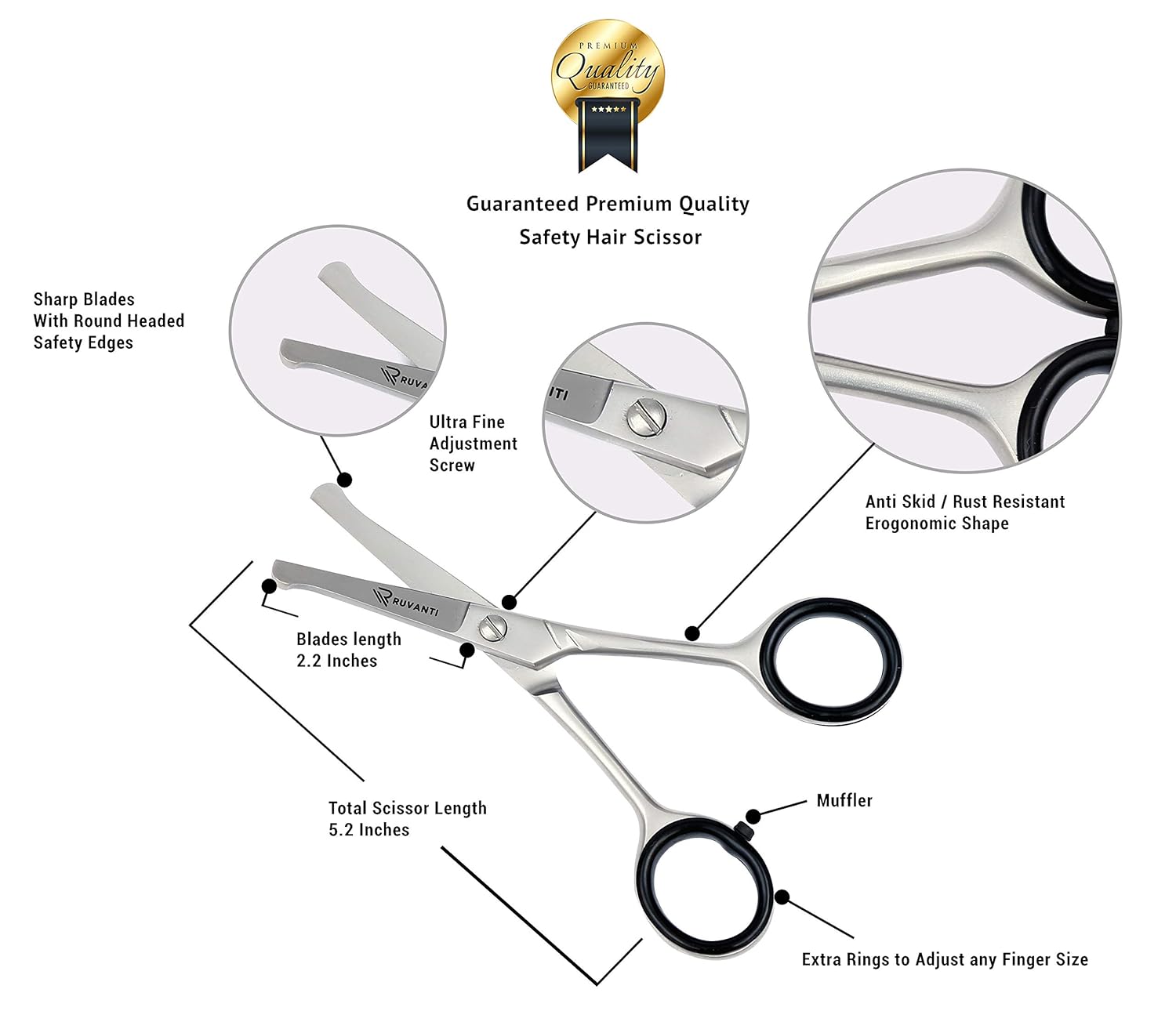 Ruvanti Round Headed Nose Hair Scissors/Safety Scissors for Kids & Infants -5.2" German Stainless Steel Baby Scissors/Baby Nail Scissors.Facial Hair Scissors/Beard Trimming Scissor/Mustache Scissor. : Beauty