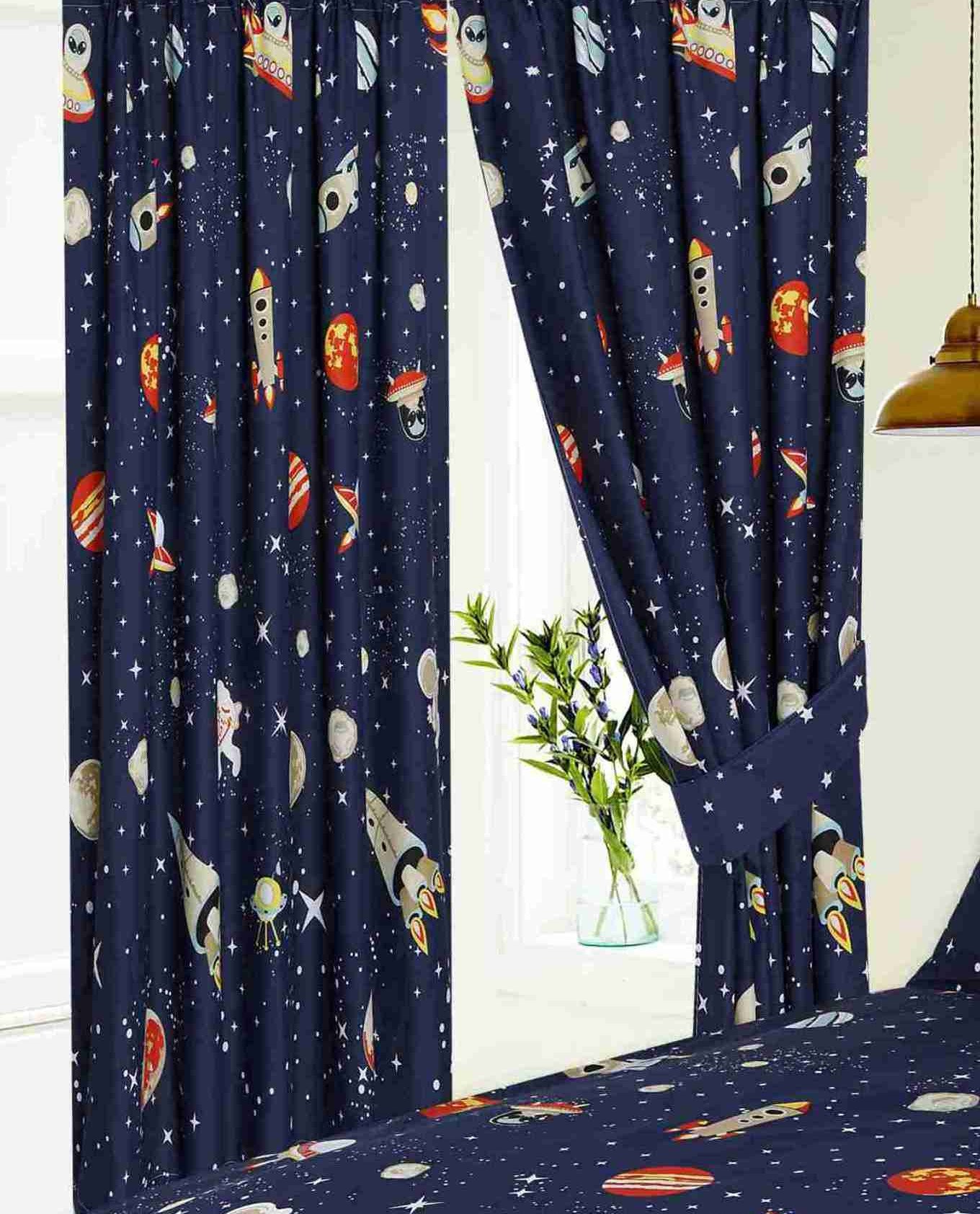 KIDZ KOLLECTIONZ 66" x 72" Space Curtains With Tie Backs, Pencil Pleat, Novelty Kids Galaxy Stars Planets Alien Spaceship Moon, Navy Blue Orange Yellow Grey White