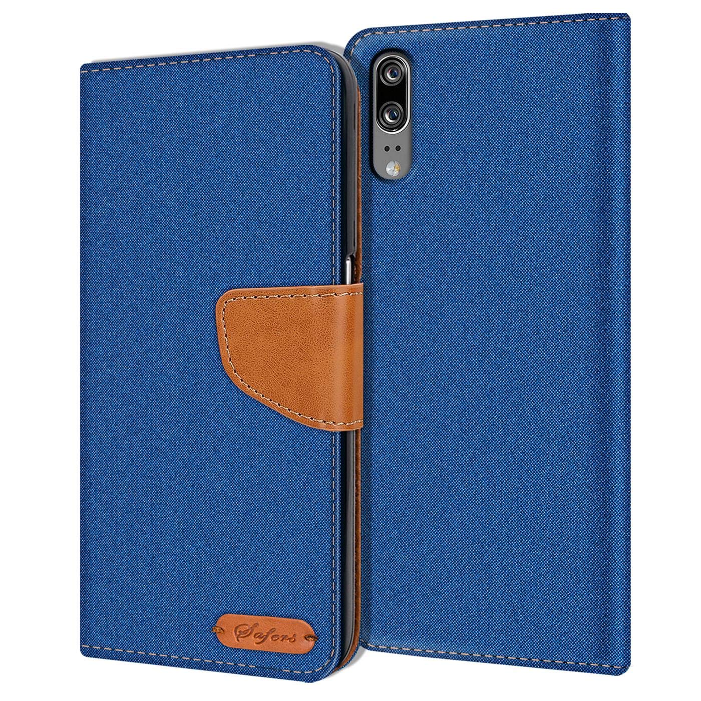 Verco Phone Wallet Case compatible with the Huawei P20, Canvas Faux Leather Book Cover for the P20 Flip Case Bag Hinged - Blue
