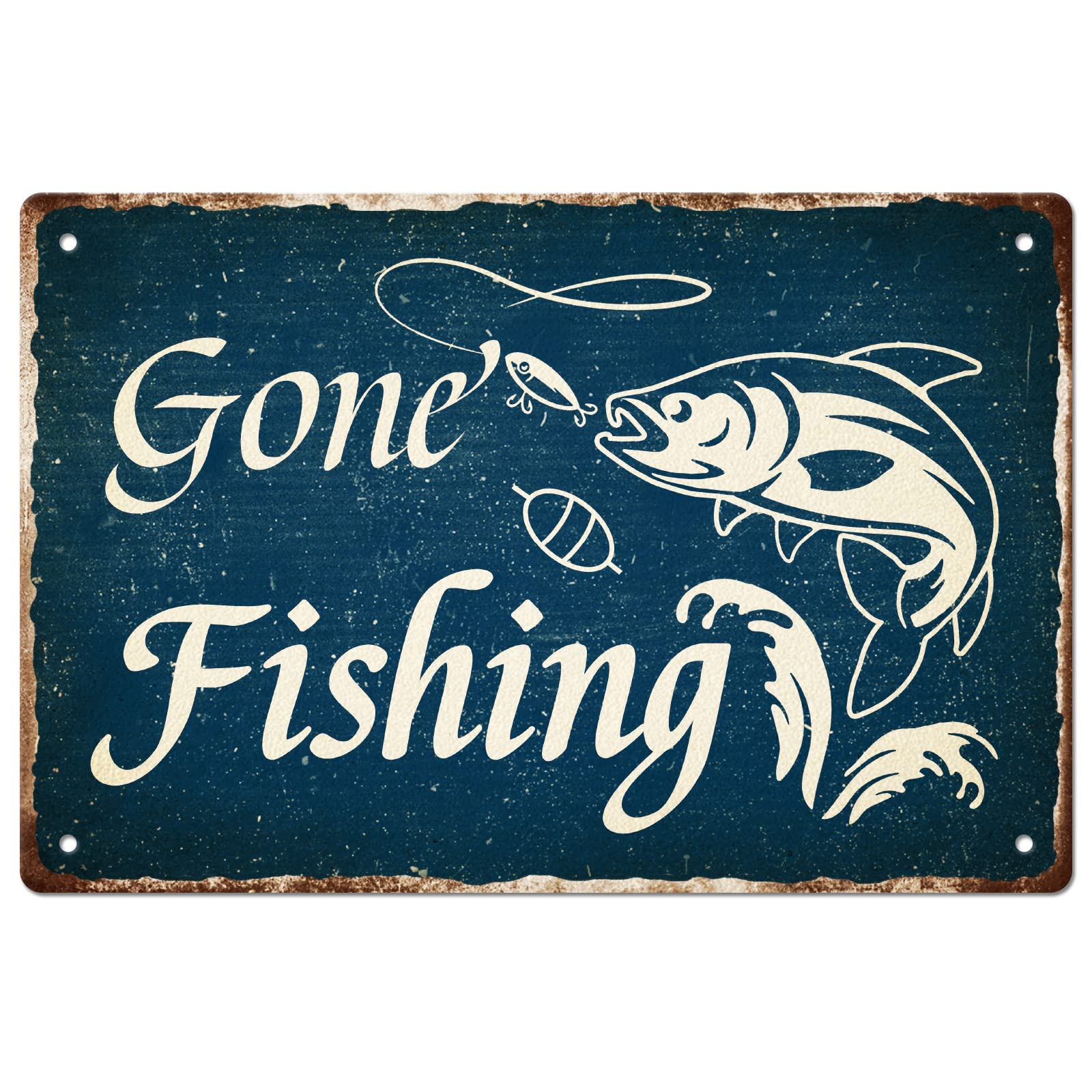 SUPERDANT Fishing Metal Signs Gone Fishing Tin Signs Fish Hooks Bait Wall Plaques Iron Poster Art for Farmhouse Home Man Cave Gift Vintage Decor