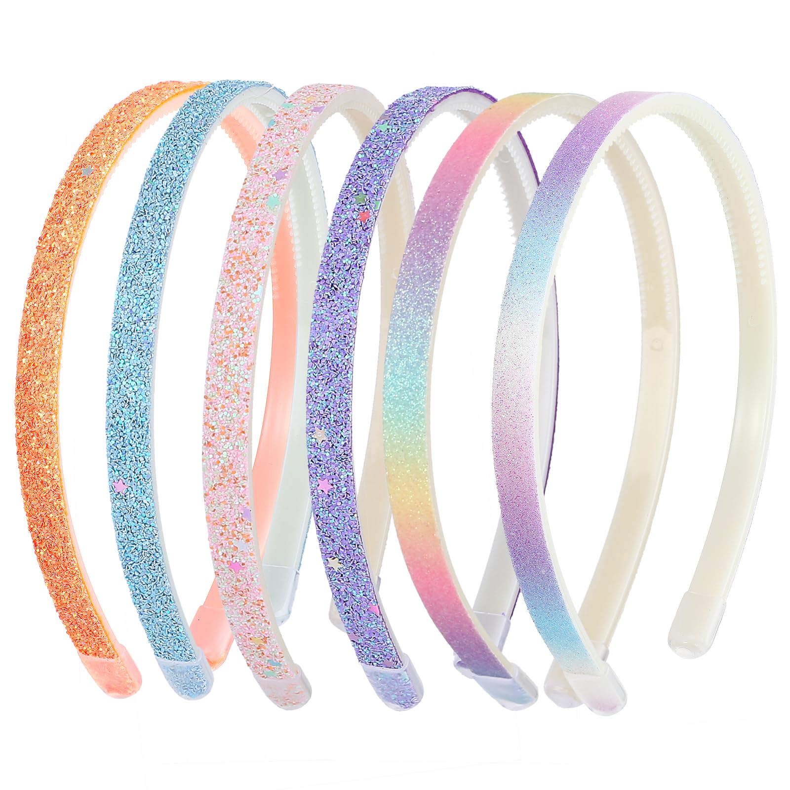 WLLHYF 6PCS Sparkle Glitter Headband Plastic Sparkly Cute Non Slip Hairbands Bling Confetti Star Pattern Hard Head Bands Rainbow Hair Bands with Teeth for Women Little Girls Hair Accessories