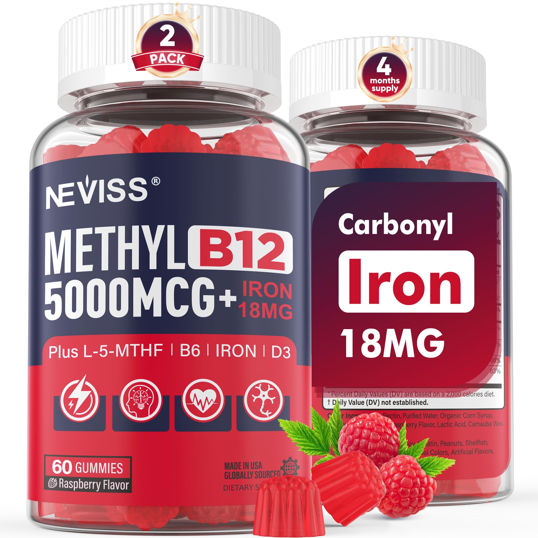 Methyl B12 Vitamins 5000 mcg Gummies + Iron 18 mg for Women