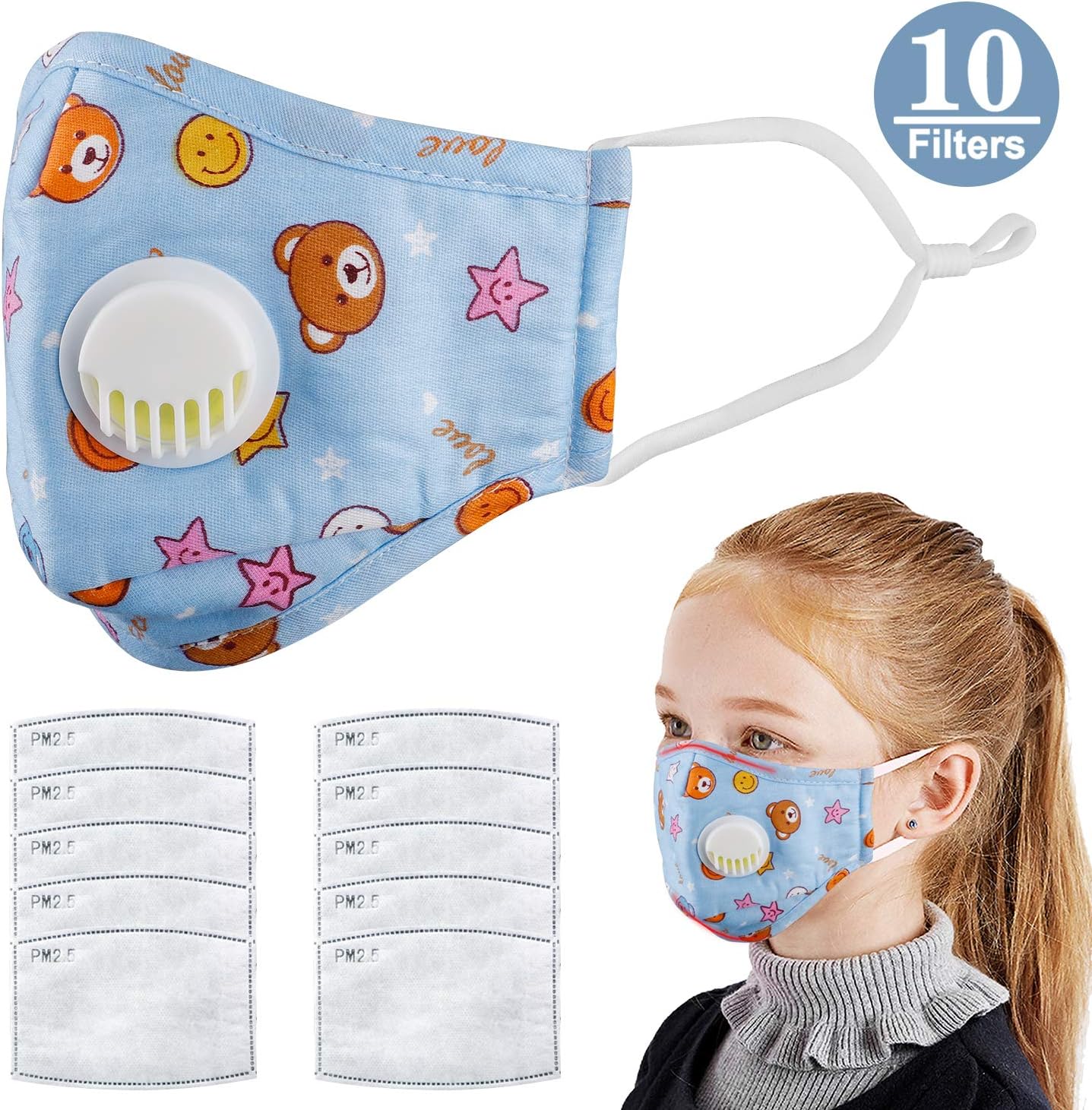 Meiyum Kids Mask, Reusable Washable Cotton Mask PM2.5 Anti-smog Anti-Dust, Smoke, Gas and Allergies Adjustable with 10 Cotton Activated Carbon Filters for Children Outdoor Activities