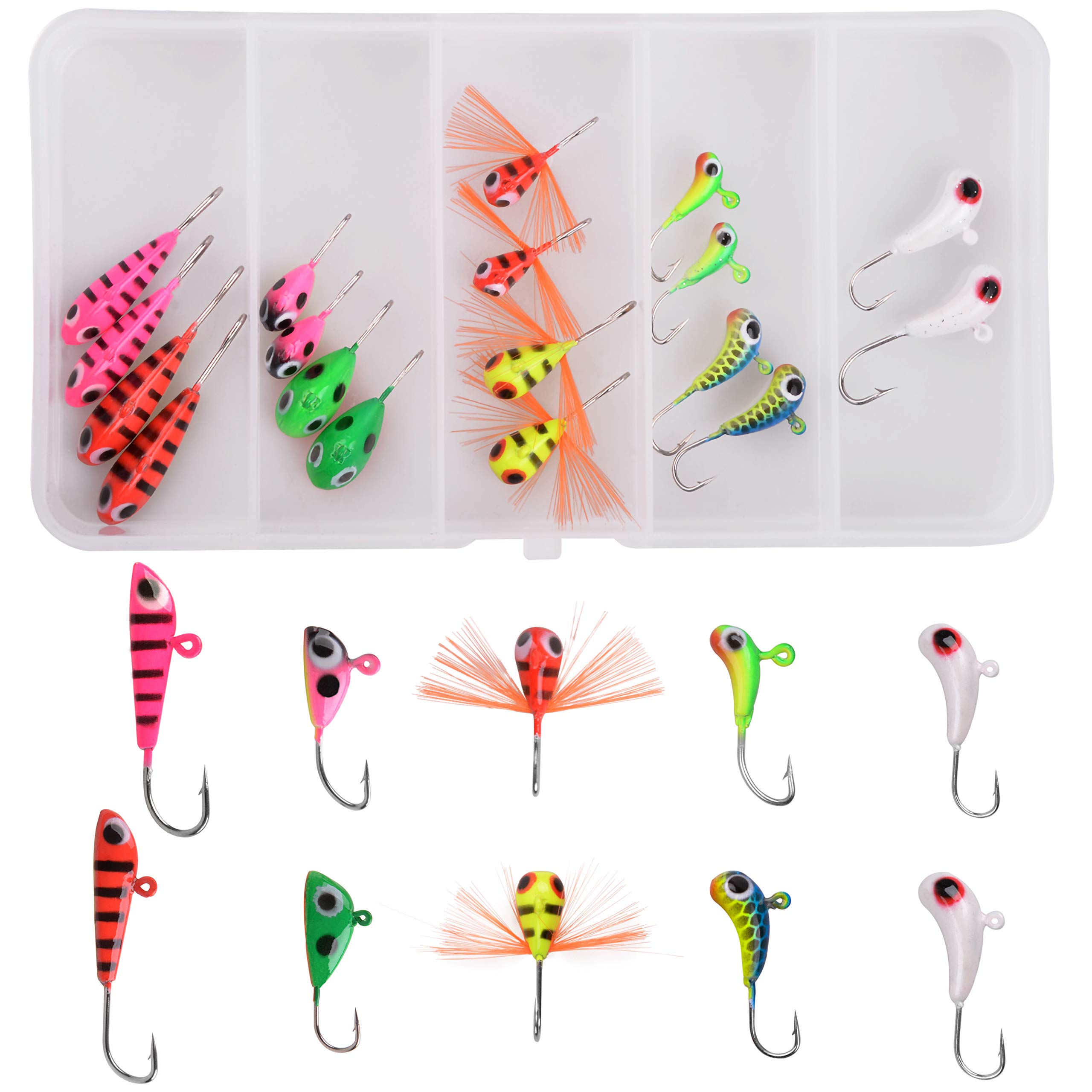 Ice Fishing Lures Kit - 18pcs Ice Fishing Jigs Heads with Single Fishing Hooks Hard Metal Bait for Winter Ice Jigging Bass Walleye Pike Carp Catfish Trout Perch with Tackle Box