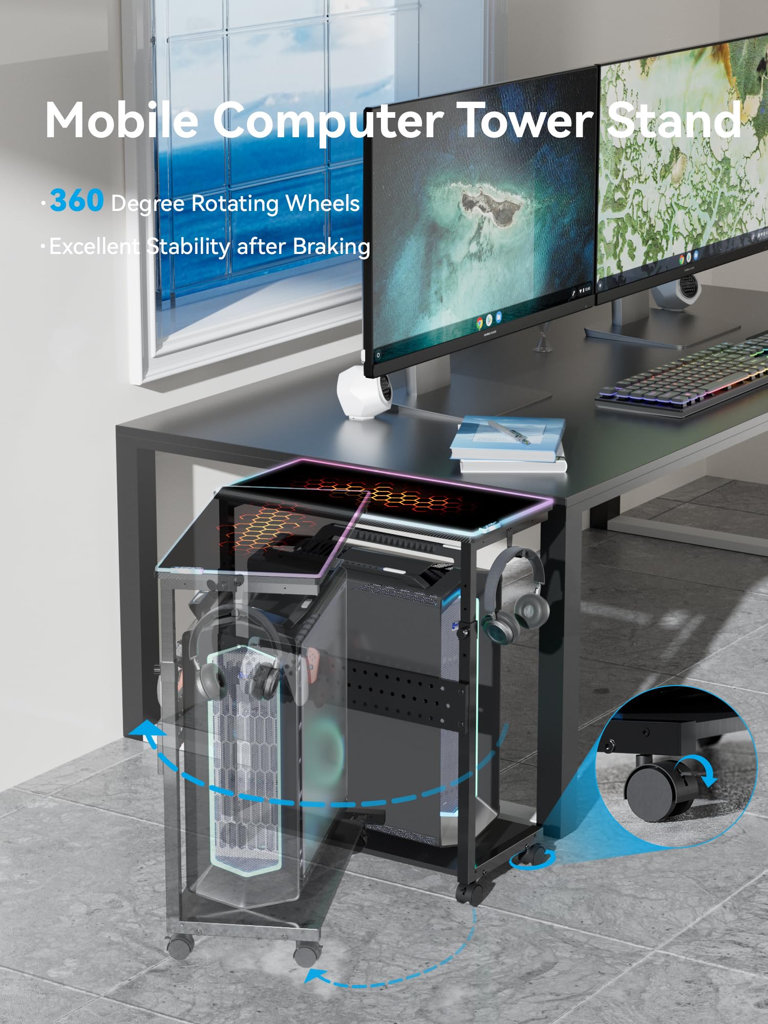 Pc Stand For Floor ERGONOMIC Height Adjustable Stand, 2-Tier ATX-Case CPU Holder Cart Under Desk Mobile PC Laptop Standing Table Home Office Gaming Accessories W/ Rolling Wheels & Mouse Pad, Black Computer
