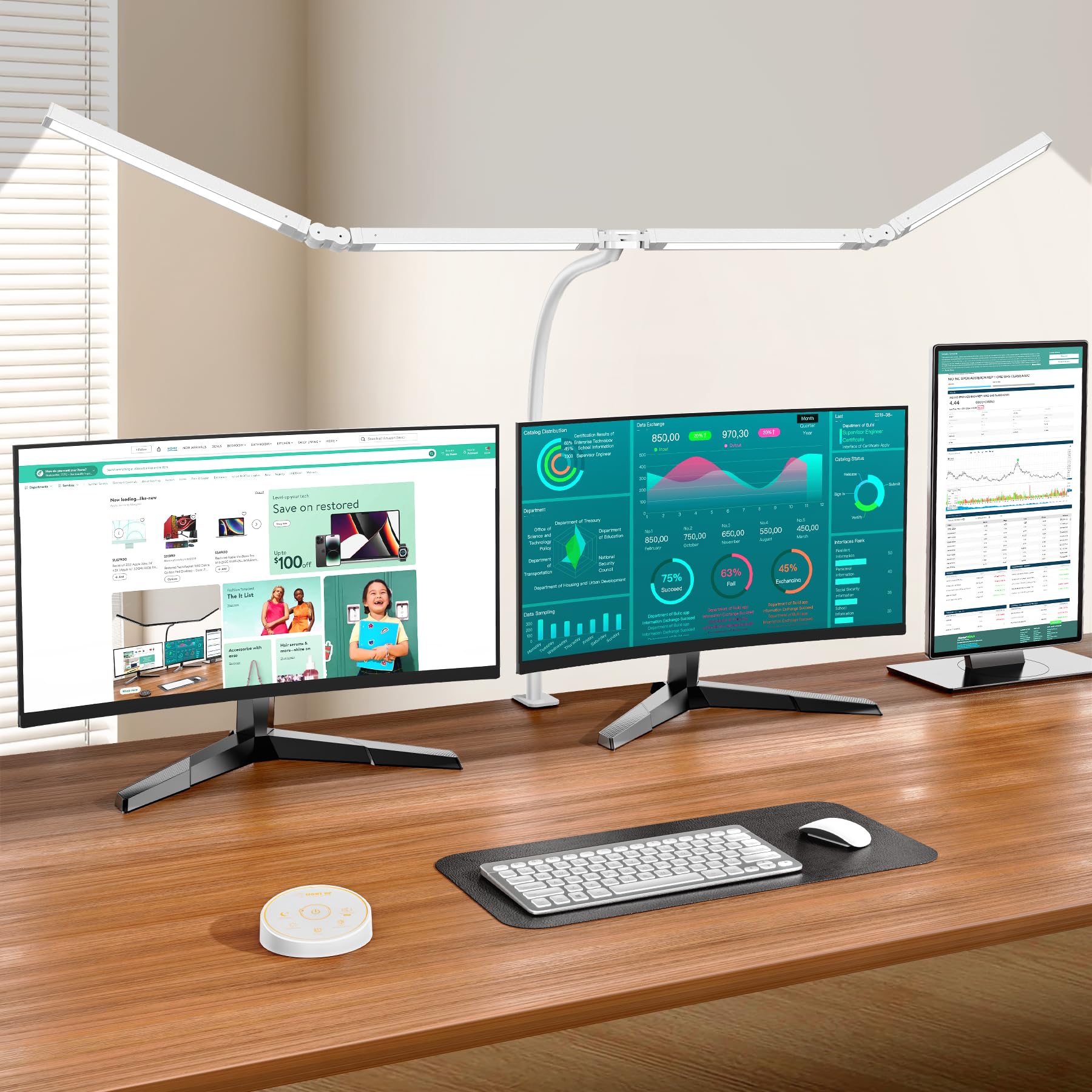 Photo 1 of Pzloz Led Desk Lamp with Clamp: Architect Desk Lamp for Home Office, Eye Caring Double Head Computer Monitor Gooseneck Desk Light with Remote Control - 24W Flexible Dimmable Desktop Table Lamp White