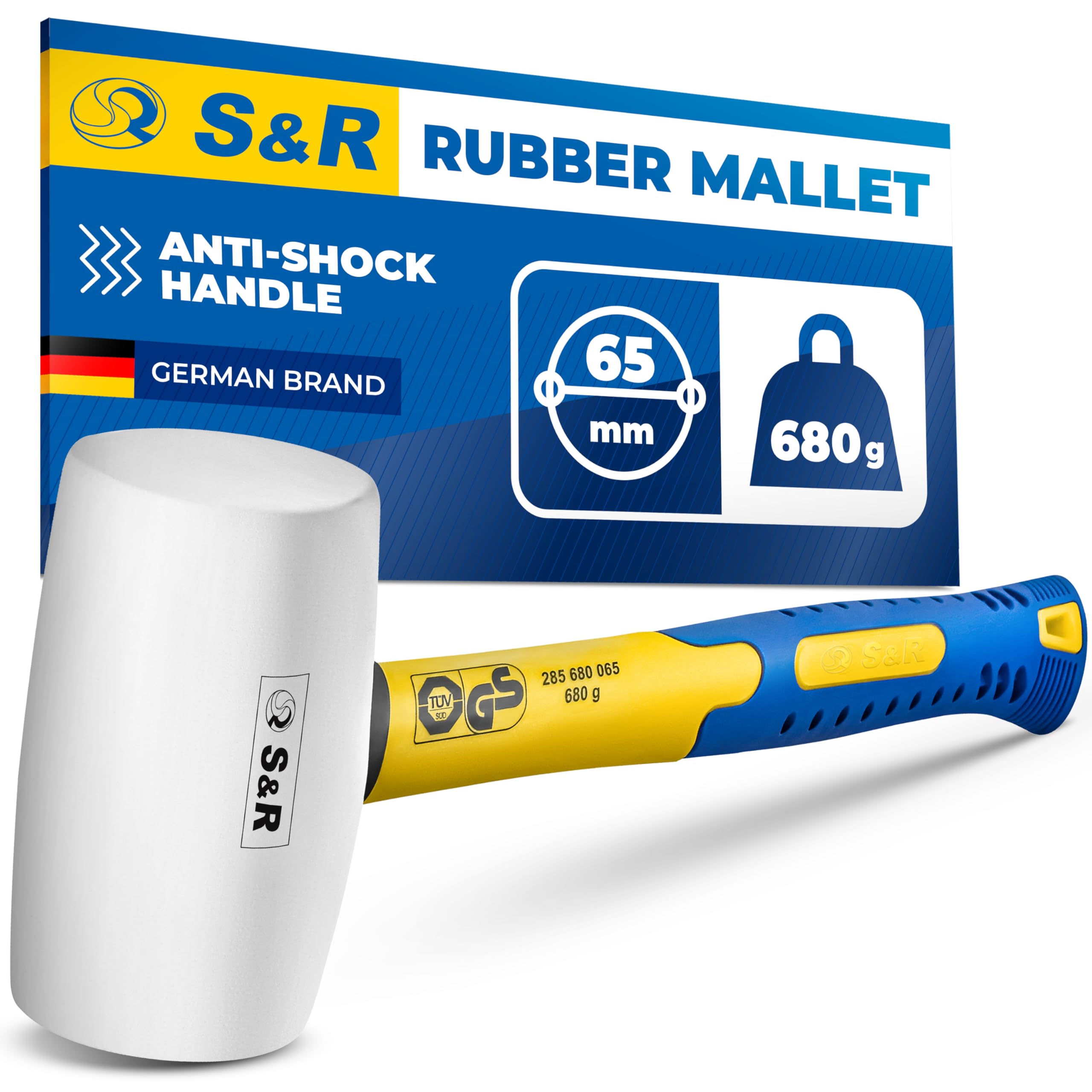 S&R White Rubber Mallet – 65mm Head, 680g | Non-Marking Hammer with Fiberglass Handle for Precise & Gentle Work